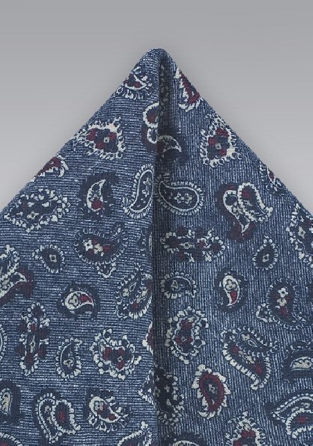 Blue Wool Pocket Square with Paisleys