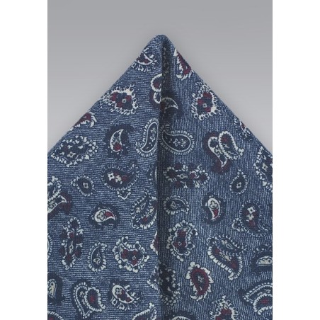 Blue Wool Pocket Square with Paisleys