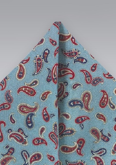 Light Blue Paisley Wool Pocket Square