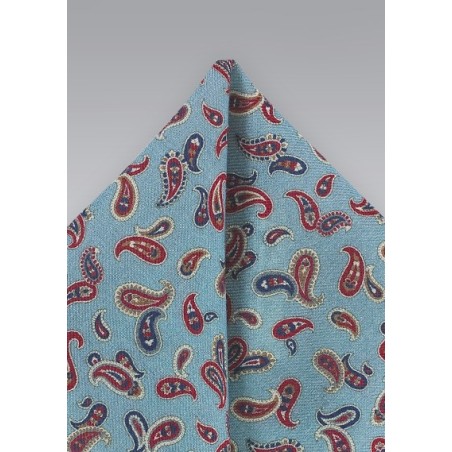 Light Blue Paisley Wool Pocket Square
