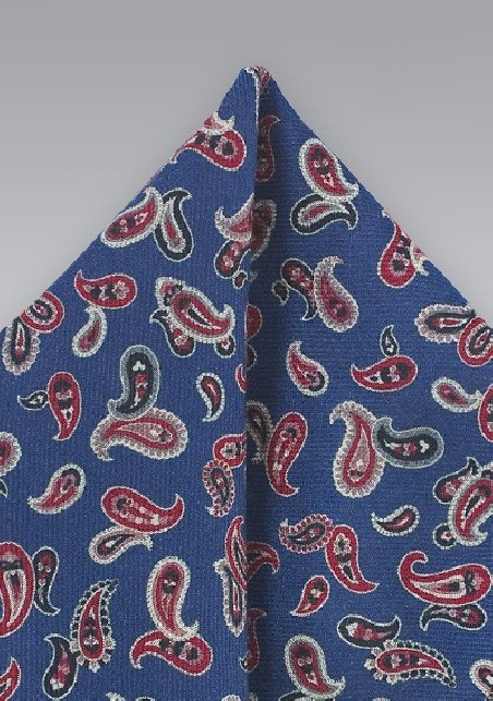 Red and Blue Wool Pocket Square with Paisley Print