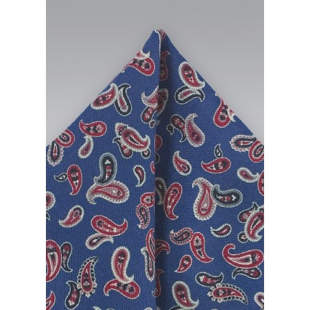 Red and Blue Wool Pocket Square with Paisley Print