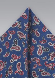 Red and Blue Wool Pocket Square with Paisley Print
