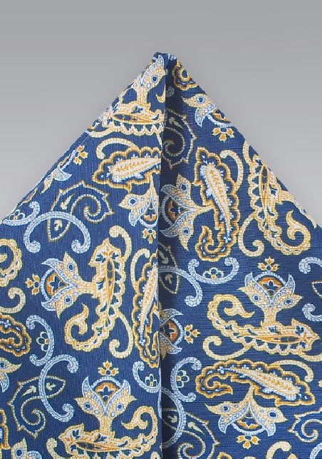 Summer Paisley Pocket Square in Blue and Yellow