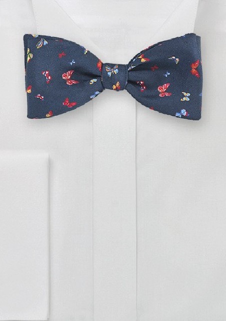 Navy Silk Bow Tie with Butterflies