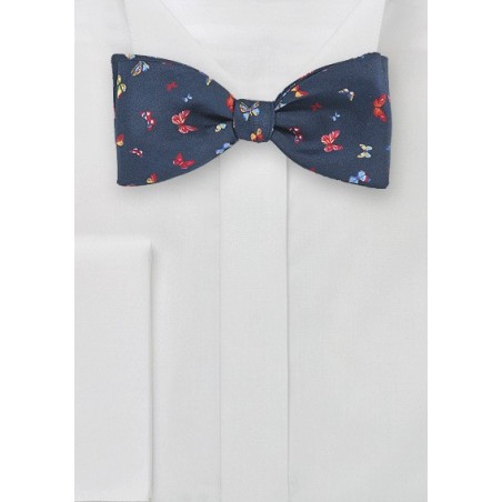 Navy Silk Bow Tie with Butterflies