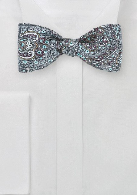 Moroccan Paisley Bow Tie in Pool Blue and Gray