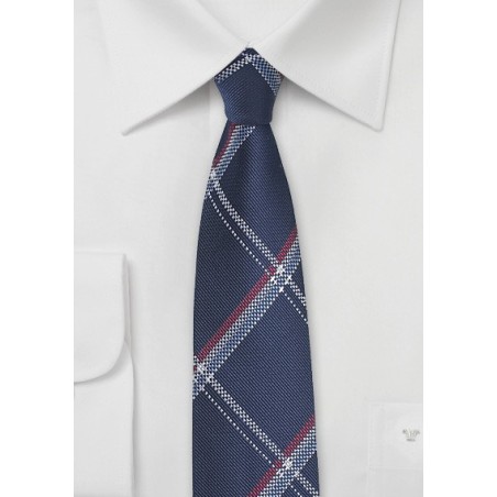 Royal Blue Skinny Tie with Red and Silver Plaid