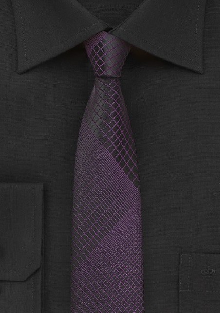 Black and Purple Skinny Tie with Modern Plaid Design