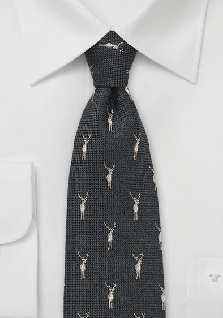 Brown Wool Tie with Embroidered Stags