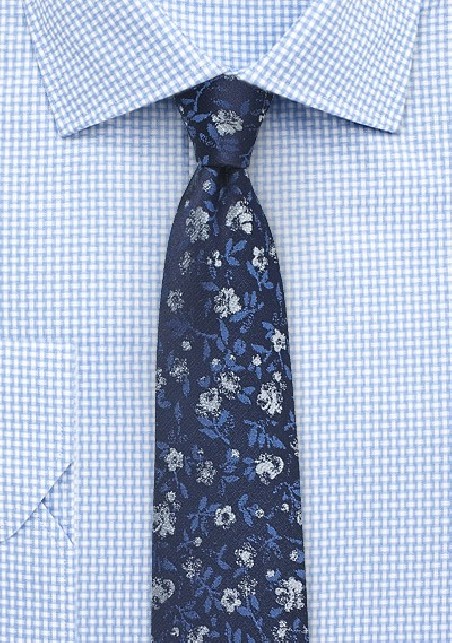 Navy Blue Skinny Floral Tie