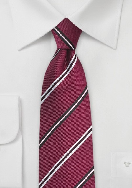 Classic Silk Tie in Deep Red with Black and Silver Stripes