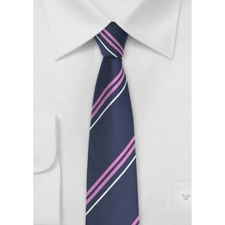 Trendy Blue Skinny Tie with Lavender and Silver STripes