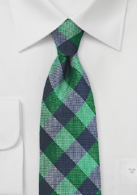 Bold Gingham Check Silk Tie in Kelly and Blue