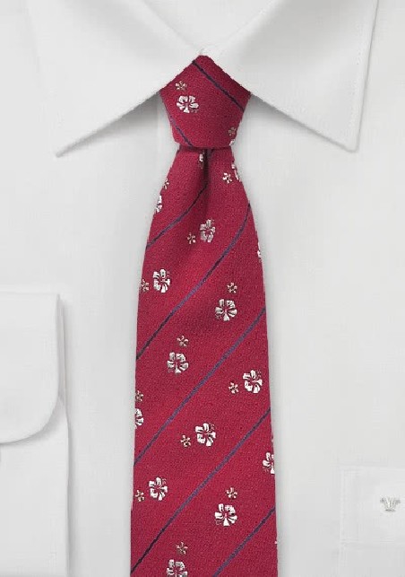 Red Silk Tie with Champagne Colored Floral Design