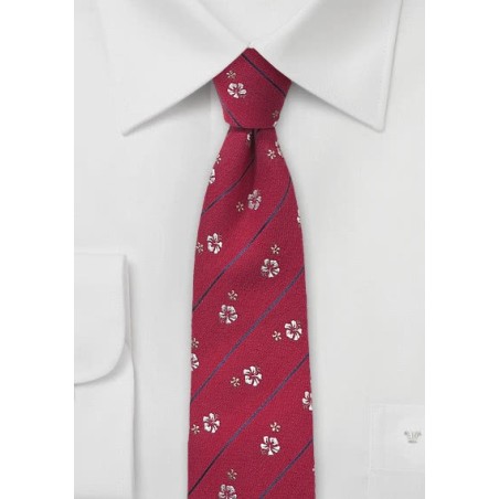 Red Silk Tie with Champagne Colored Floral Design