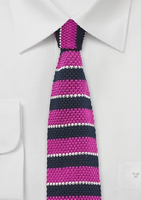 Striped Knitted Tie in Magenta and Navy