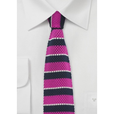 Striped Knitted Tie in Magenta and Navy