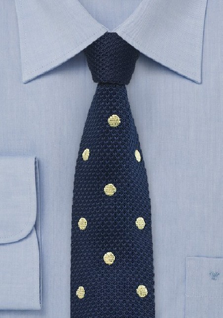 Navy Knit Tie with Yellow Dots