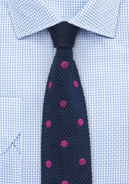 Blue Knit Tie with Pink Polka Dots