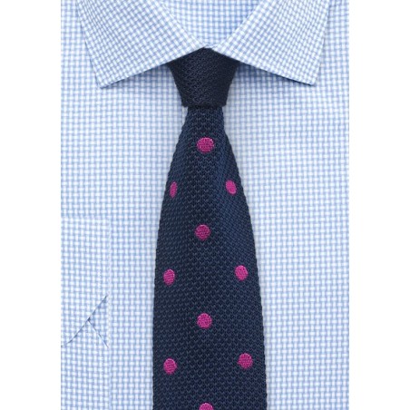 Blue Knit Tie with Pink Polka Dots