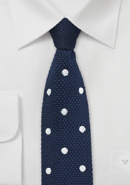 Navy Knit Tie with White Polka Dots