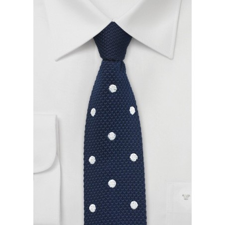 Navy Knit Tie with White Polka Dots