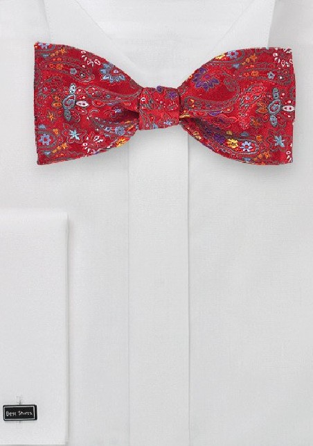 Bright Red Floral Paisley Bow Tie
