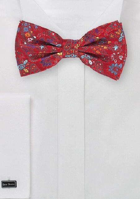 Pre-Tied Flower and Paisley Bow Tie in Red