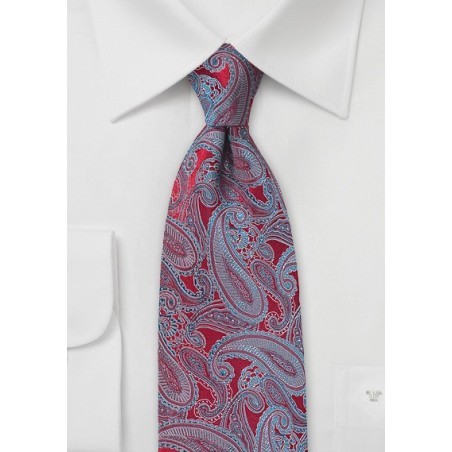 Red Necktie with Silver and Turquoise Paisleys