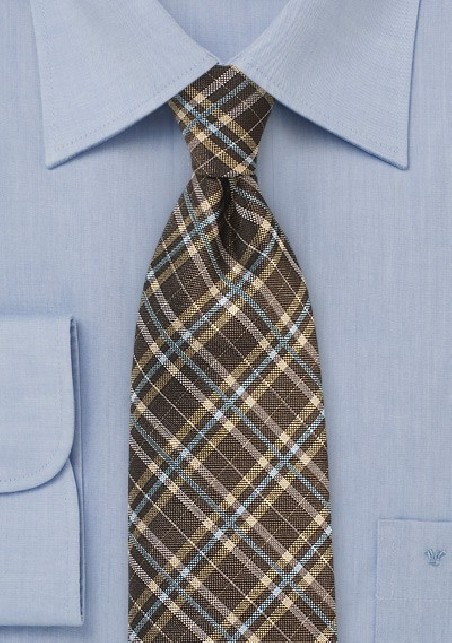 Brown Tartan Tie with Gold and Light Blue