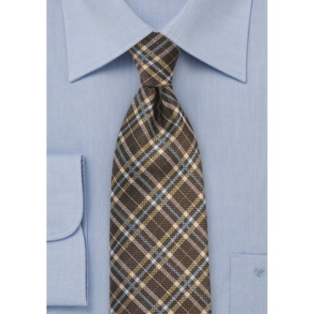 Brown Tartan Tie with Gold and Light Blue