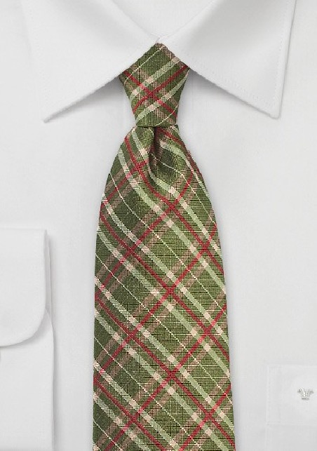 Tartan Silk Tie in Olive and Red