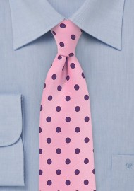 Pink Necktie with Grape Purple Polka Dots
