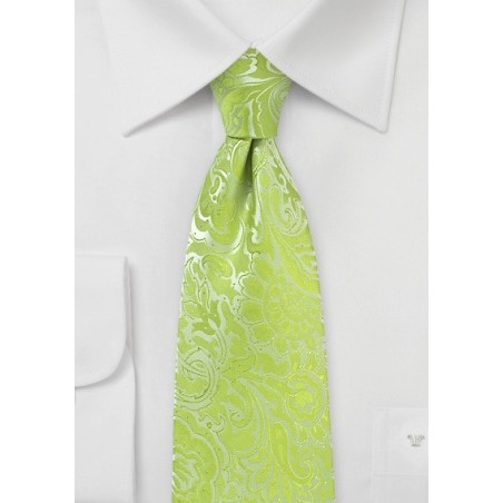 Lime Color Tie with Paisley Print in XL Length
