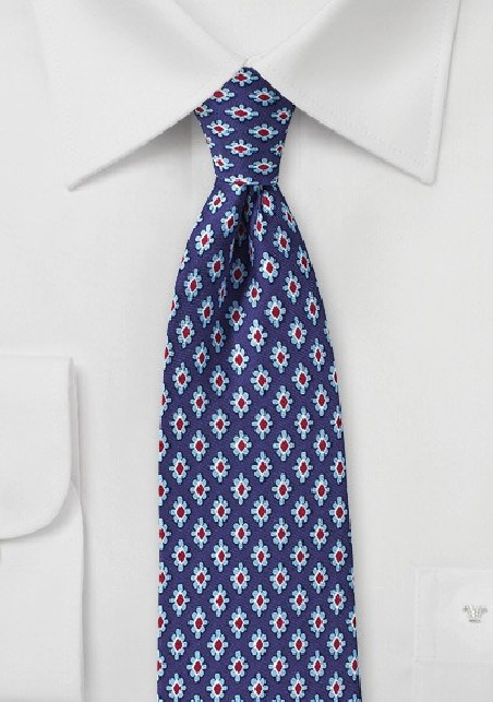 Retro Pattern Silk Tie in Navy, Red, and Light Blue