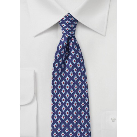 Retro Pattern Silk Tie in Navy, Red, and Light Blue