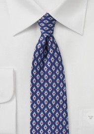 Retro Pattern Silk Tie in Navy, Red, and Light Blue