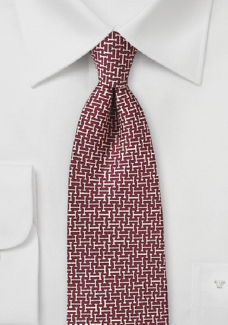Burgundy and Cream Graphic Print Silk Tie