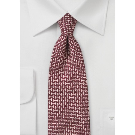 Burgundy and Cream Graphic Print Silk Tie