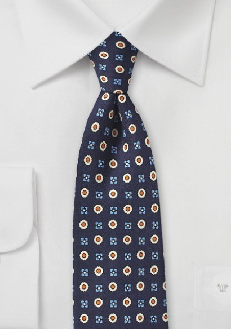 Elegant Foulard Print Tie in Blue, Orange, and Beige