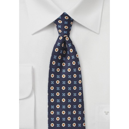 Elegant Foulard Print Tie in Blue, Orange, and Beige