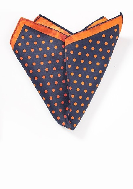 Navy Pocket Square with Orange Dots