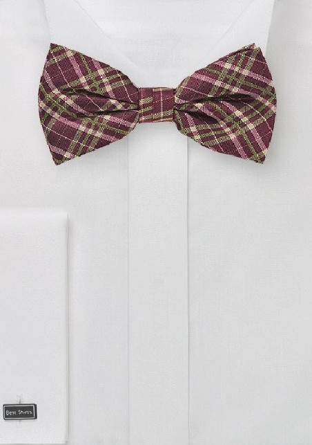 Burgundy and Lime Plaid Bow Tie