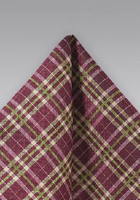Plaid Hanky in Wine Red and Lime Green