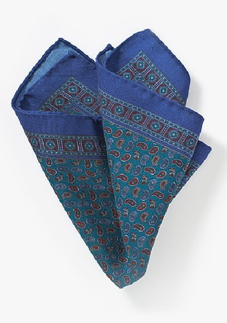 Teal and Blue Paisley Pocket Square in Wool