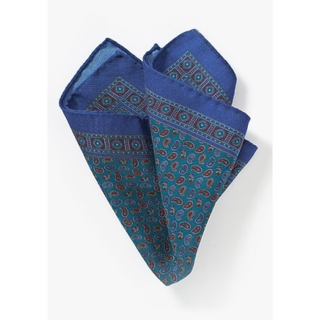 Teal and Blue Paisley Pocket Square in Wool