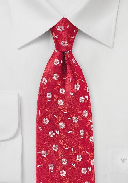 Bright Red and Silver Floral Tie