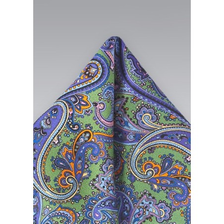 Wild Paisley Pocket Square in Green and Purple