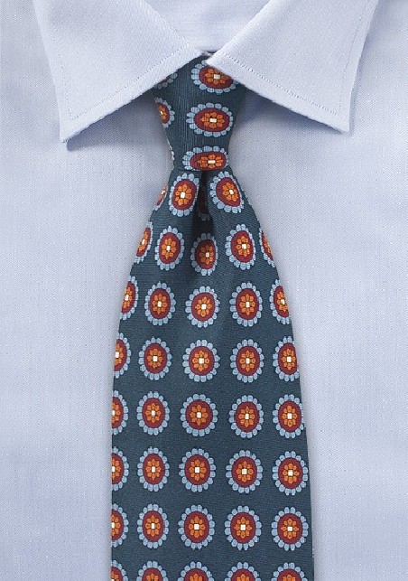 Navy Medallion Print Silk Tie